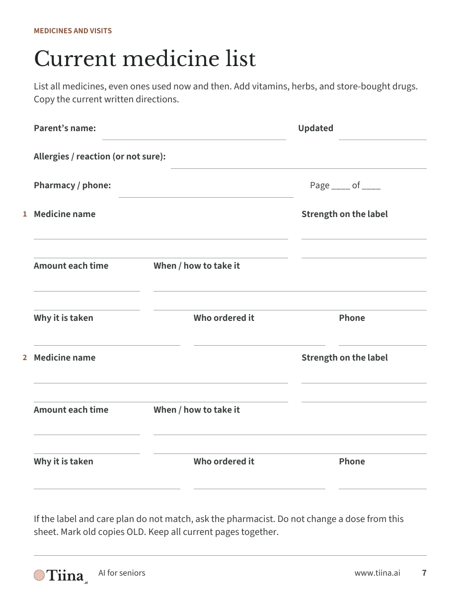 A printable medicine list from the kit