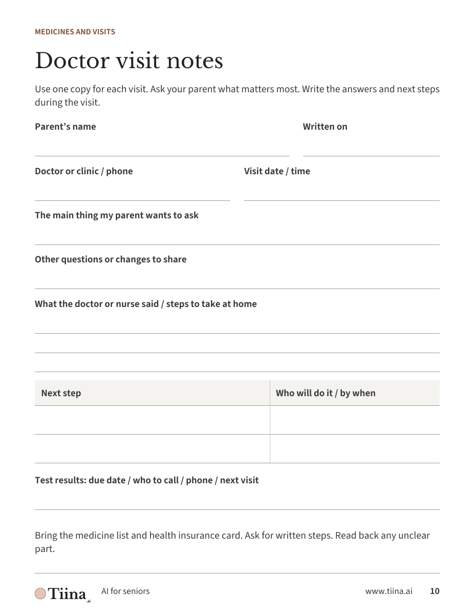 Doctor visit fill-in sheet with blank spaces for questions, the doctor’s answers, next steps, dates, and phone numbers