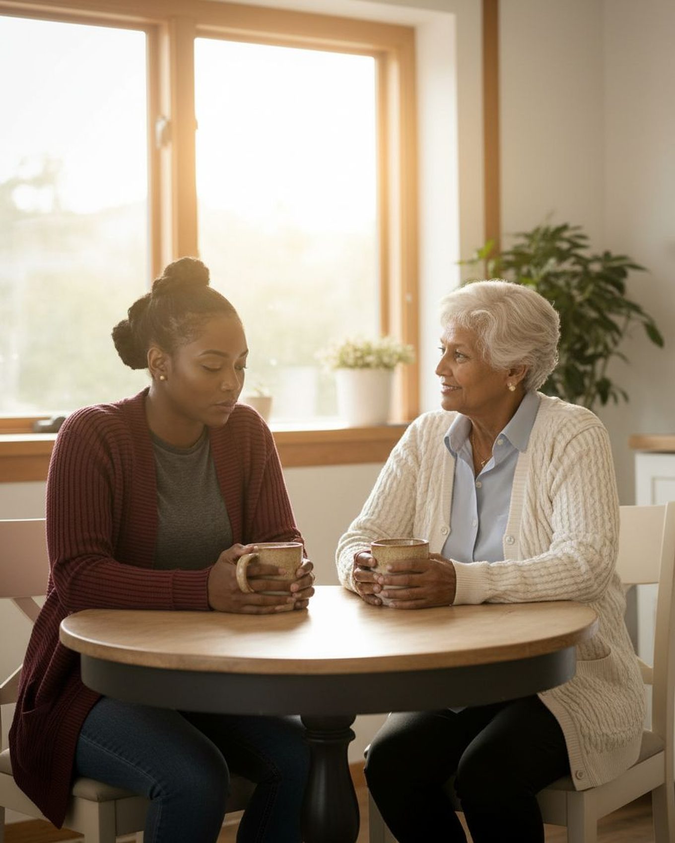An older woman and her adult daughter talking over mugs at a sunlit kitchen table