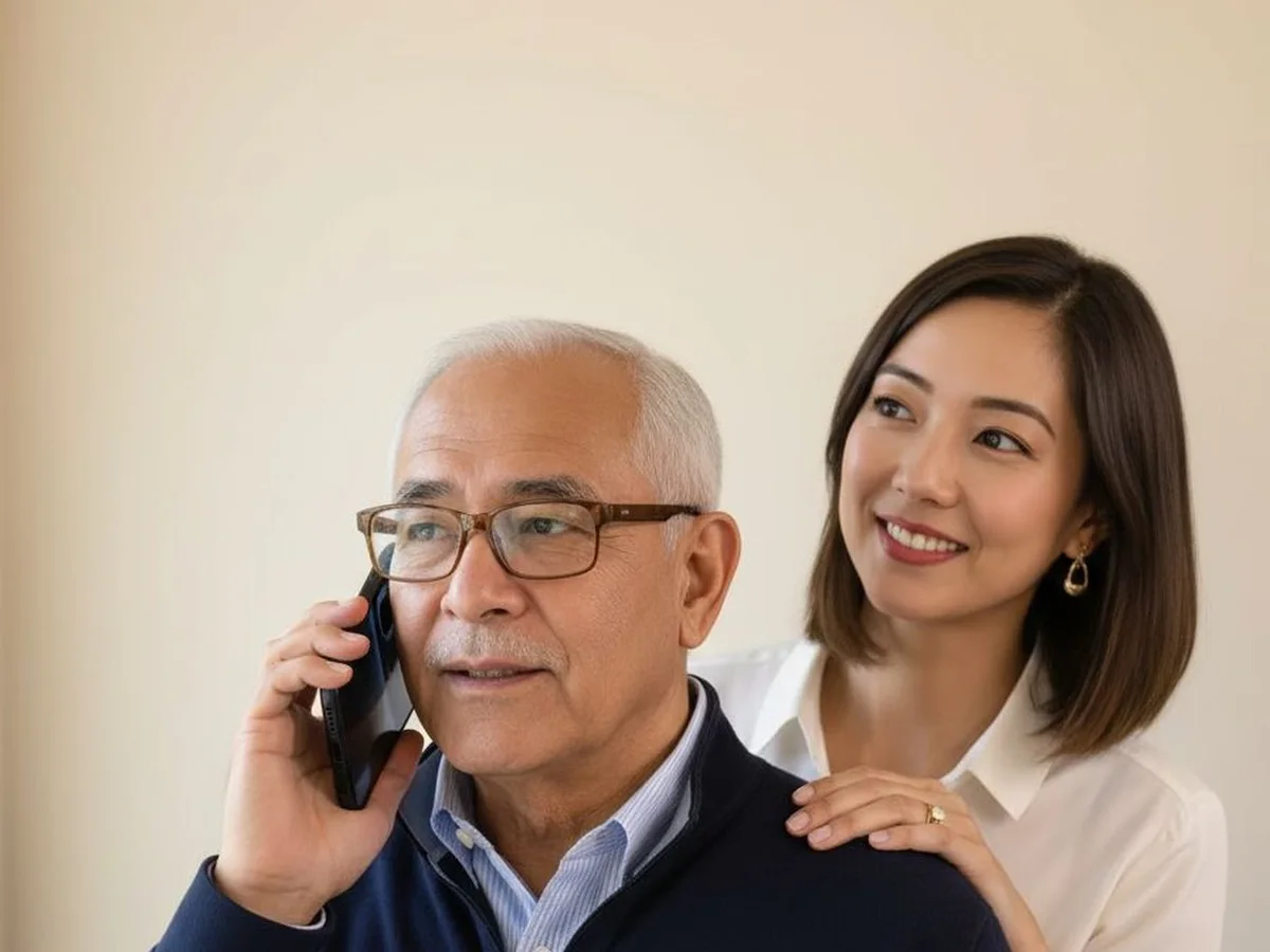 A father on the phone sorting out a letter, his adult daughter smiling behind him