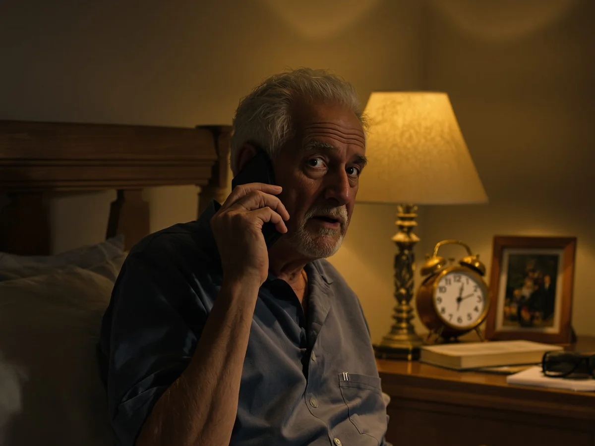 A man woken by a late-night phone call, lamp on, checking before he acts