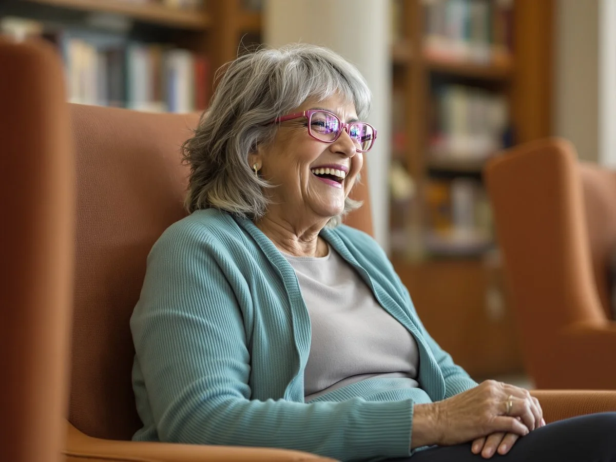 A woman laughing in her armchair, mid-story