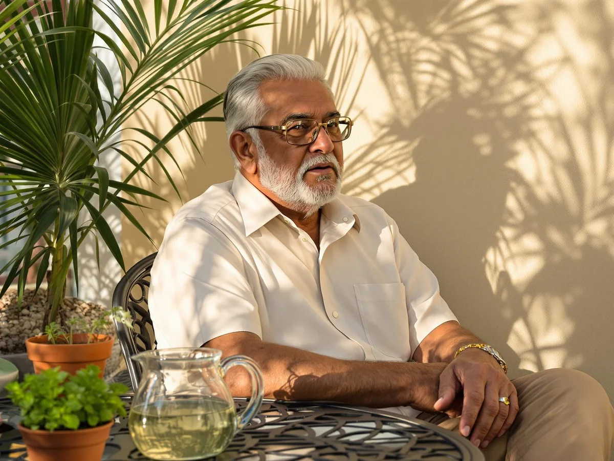 A man in his seventies sitting on his sunlit patio, mid-conversation