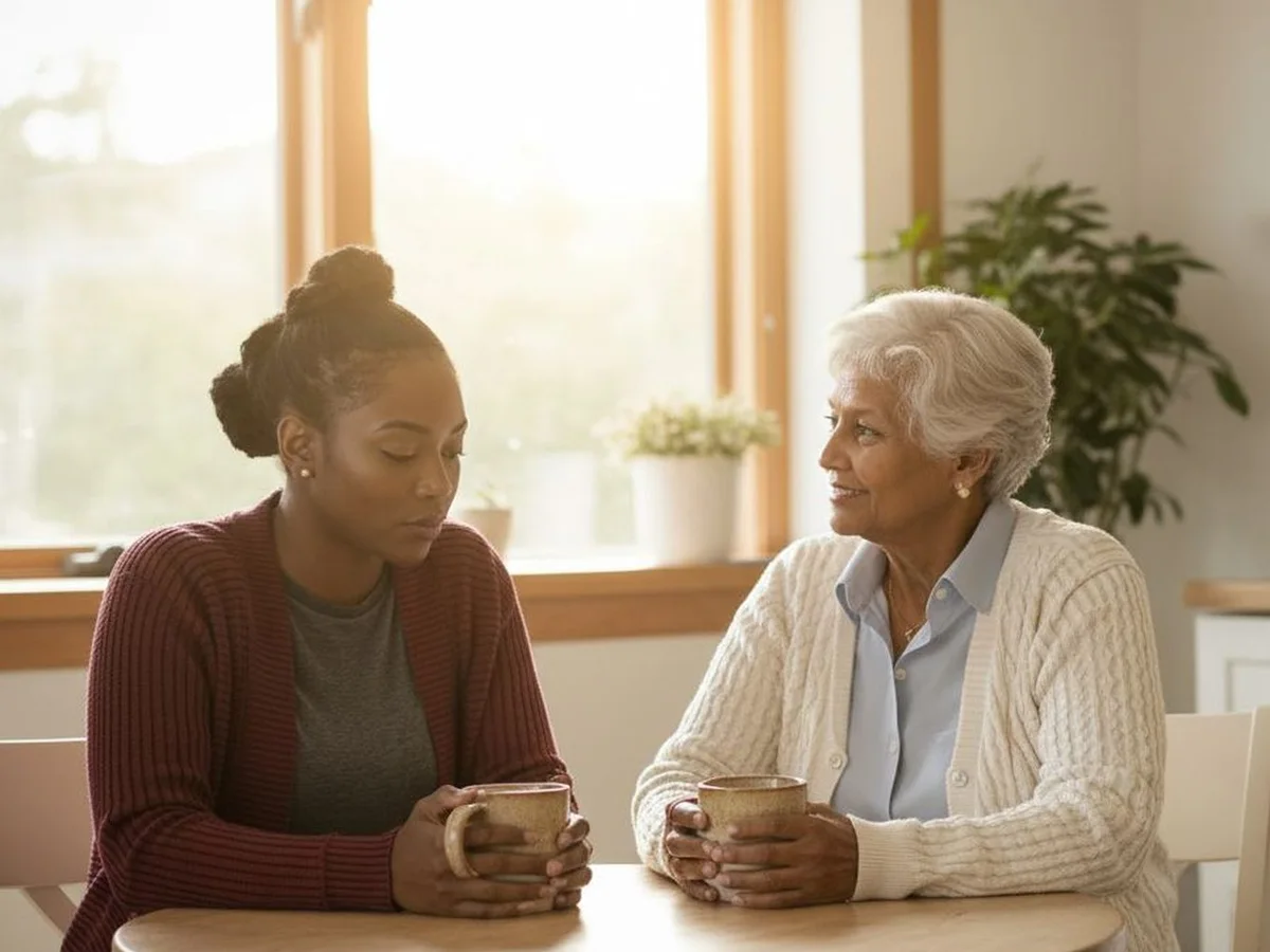 A mother and her adult daughter having tea together at a sunlit kitchen table