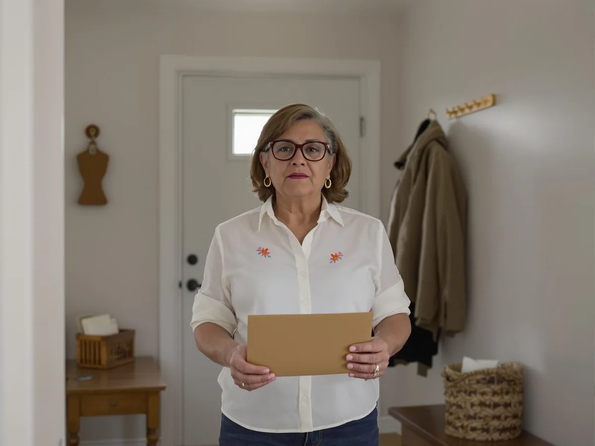 A woman in her seventies standing in her hallway holding a statement from the hospital