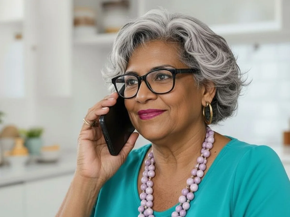 A woman smiling warmly during a phone conversation in her kitchen