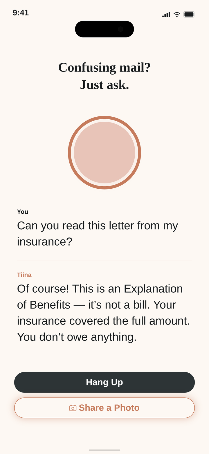 Tiina reading mail aloud: the user asks Tiina to read a letter from their insurer and Tiina explains that it is an Explanation of Benefits, not a bill.