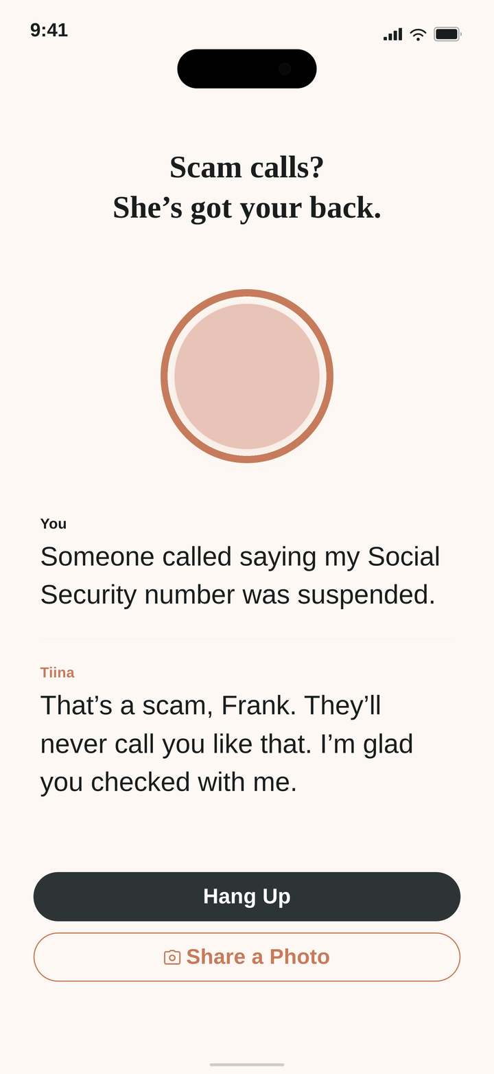 Tiina helping identify a scam: the user describes a caller claiming their Social Security number was suspended and Tiina confirms that it is a scam.