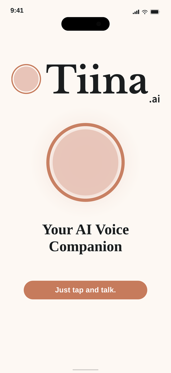 Tiina, an AI voice companion for older adults, on the iPhone home screen with a large tap-to-talk orb and the words Your AI Voice Companion.